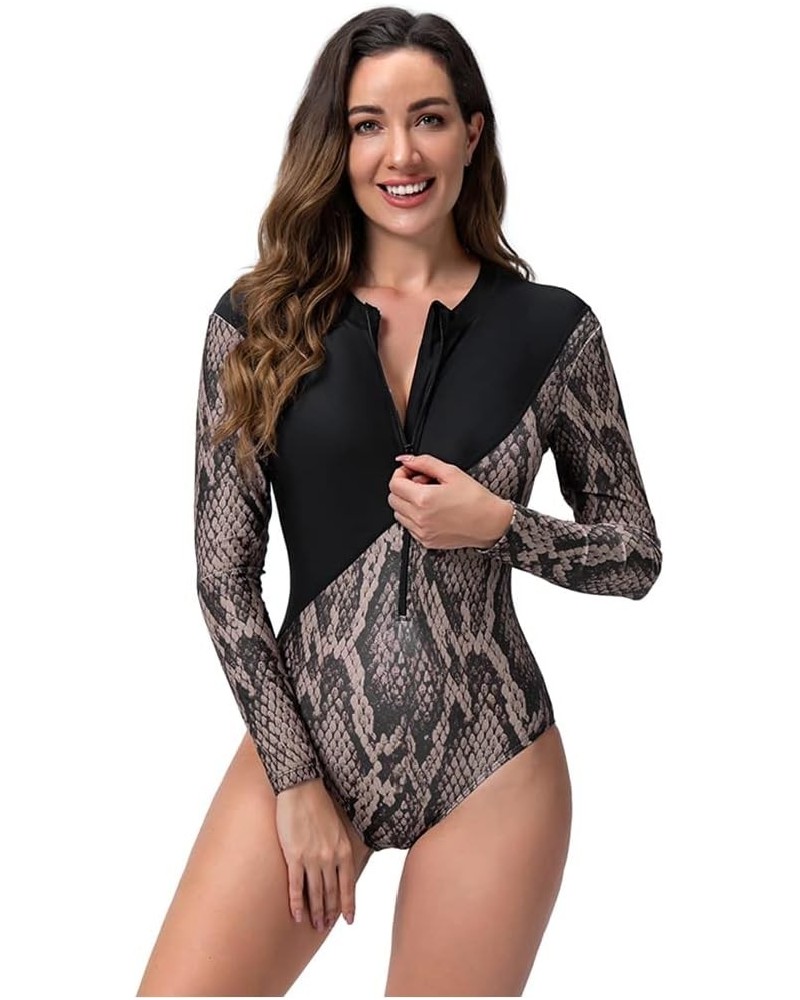 Women One Piece Bathing Suit Short Sleeve Tummy Control Swimsuit Zipper Surfing UPF 50+ Rash Guard Serpentine $13.67 Swimsuits