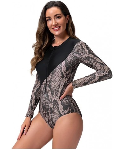 Women One Piece Bathing Suit Short Sleeve Tummy Control Swimsuit Zipper Surfing UPF 50+ Rash Guard Serpentine $13.67 Swimsuits