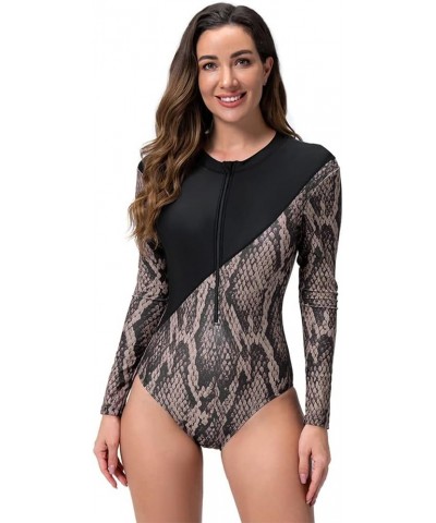 Women One Piece Bathing Suit Short Sleeve Tummy Control Swimsuit Zipper Surfing UPF 50+ Rash Guard Serpentine $13.67 Swimsuits