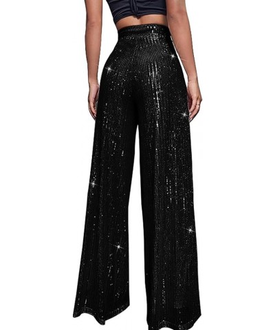 Sequin Pants for Women Wide Leg Elastic High Waist Sparkle Pants Bling Shiny Glitter Loose Bell Bottom Trousers Black $11.50 ...