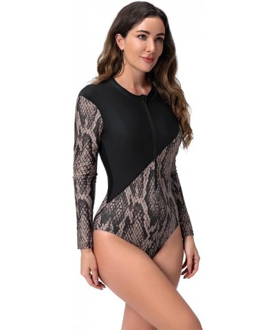 Women One Piece Bathing Suit Short Sleeve Tummy Control Swimsuit Zipper Surfing UPF 50+ Rash Guard Serpentine $13.67 Swimsuits