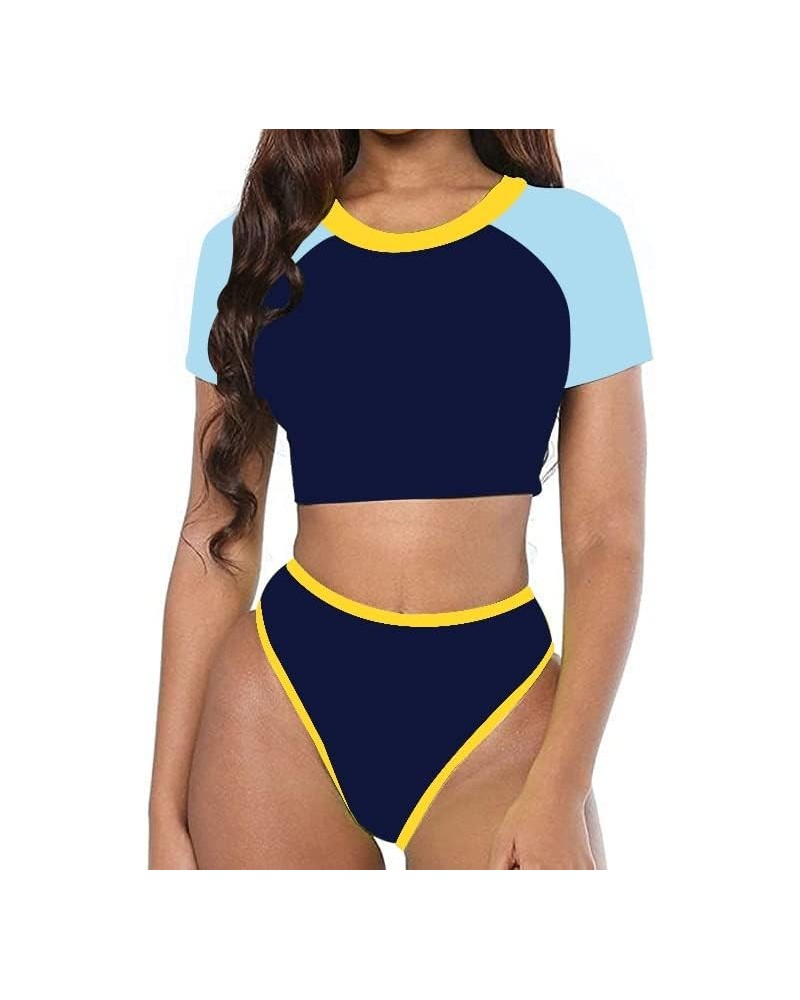 Women's Short Sleeve Swimsuit High Waisted Bikini Neon Bathing Suits Thong Triangle Swimwear Rashguard Navy $12.40 Swimsuits