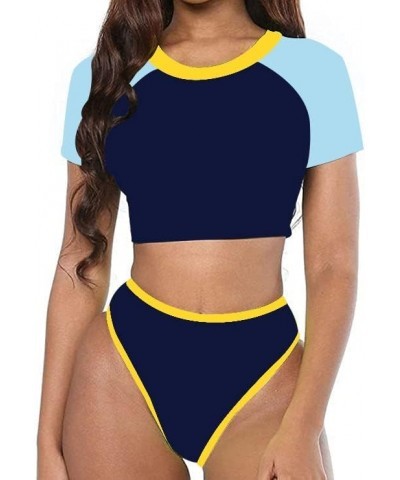 Women's Short Sleeve Swimsuit High Waisted Bikini Neon Bathing Suits Thong Triangle Swimwear Rashguard Navy $12.40 Swimsuits