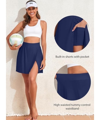 Women High Waist Swim Skirt Bottoms A-line Split Swimsuit Skirt Built in Swim Shorts with Pockets Blue $12.80 Swimsuits