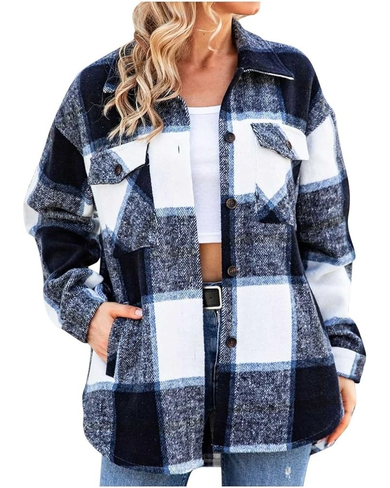 Women Brushed Flannel Shacket Jacket Plaid Shirt Fall Winter Long Sleeve Cardigan Wool Blend Button Down Pocket Coat 2-navy F...