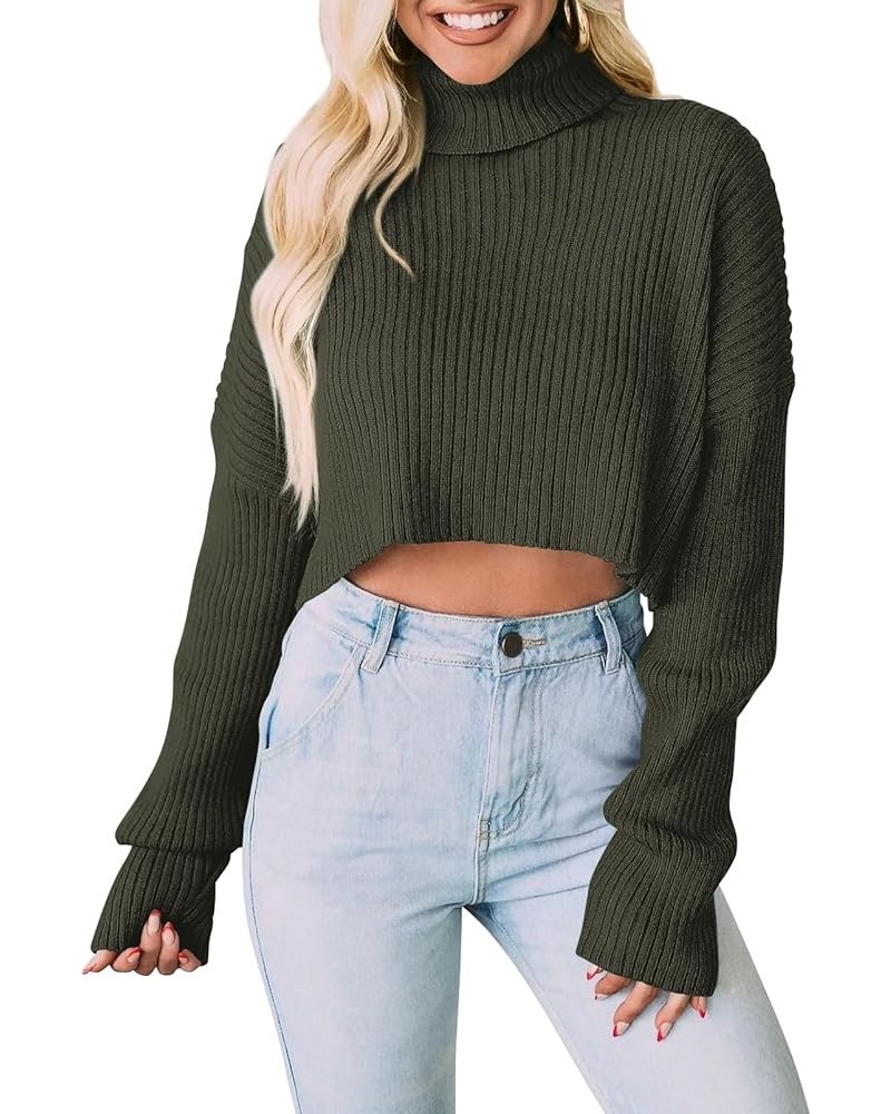 Women's 2023 Fall Winter Turtleneck Cropped Sweater Causal Ribbed Knit Long Sleeve Pullover Jumper Tops Army Green $14.64 Swe...