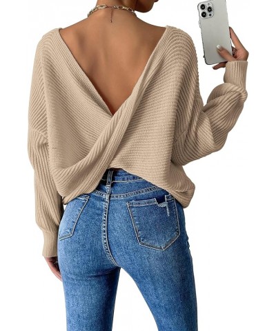 Women Twist Back Boat Neck Knitted Sweaters Long Sleeve Drop Shoulder Solid Casual Pullover Tunic Tops Khaki $15.48 Sweaters