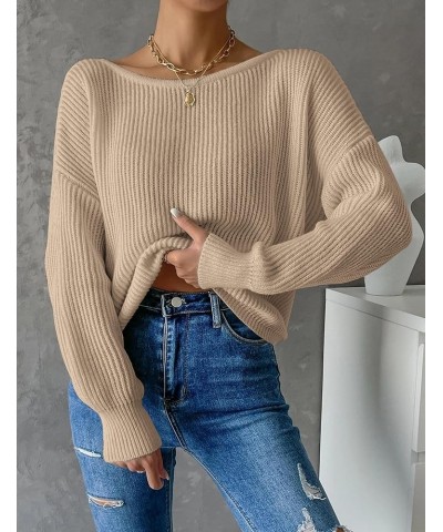 Women Twist Back Boat Neck Knitted Sweaters Long Sleeve Drop Shoulder Solid Casual Pullover Tunic Tops Khaki $15.48 Sweaters