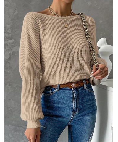 Women Twist Back Boat Neck Knitted Sweaters Long Sleeve Drop Shoulder Solid Casual Pullover Tunic Tops Khaki $15.48 Sweaters