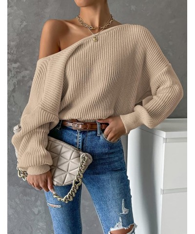 Women Twist Back Boat Neck Knitted Sweaters Long Sleeve Drop Shoulder Solid Casual Pullover Tunic Tops Khaki $15.48 Sweaters