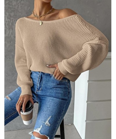 Women Twist Back Boat Neck Knitted Sweaters Long Sleeve Drop Shoulder Solid Casual Pullover Tunic Tops Khaki $15.48 Sweaters