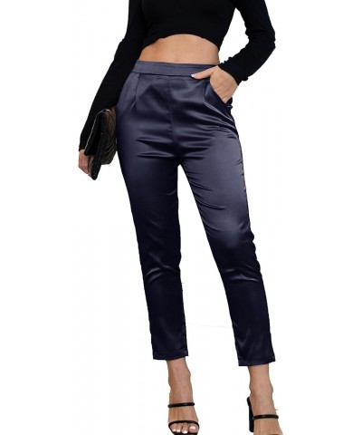 Women's Satin Silky Dress Casual Elastic High Waist Stretch Elegant Pants Trousers C03 Blue Dark $19.94 Pants