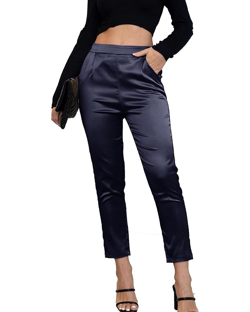 Women's Satin Silky Dress Casual Elastic High Waist Stretch Elegant Pants Trousers C03 Blue Dark $19.94 Pants