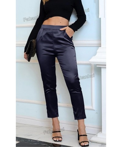 Women's Satin Silky Dress Casual Elastic High Waist Stretch Elegant Pants Trousers C03 Blue Dark $19.94 Pants