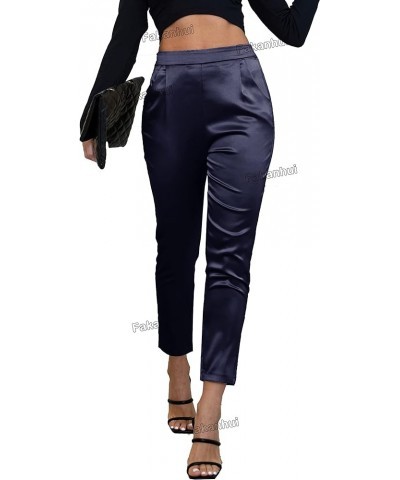 Women's Satin Silky Dress Casual Elastic High Waist Stretch Elegant Pants Trousers C03 Blue Dark $19.94 Pants