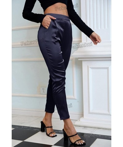 Women's Satin Silky Dress Casual Elastic High Waist Stretch Elegant Pants Trousers C03 Blue Dark $19.94 Pants