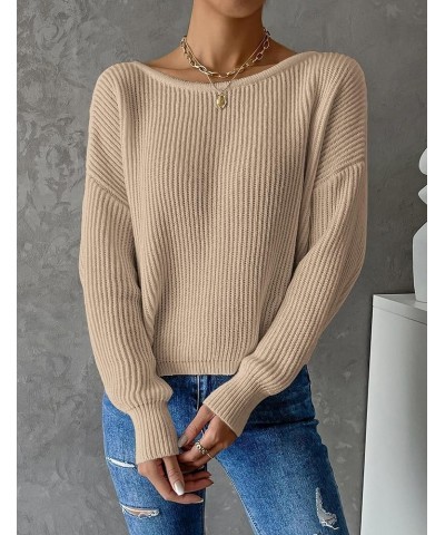 Women Twist Back Boat Neck Knitted Sweaters Long Sleeve Drop Shoulder Solid Casual Pullover Tunic Tops Khaki $15.48 Sweaters