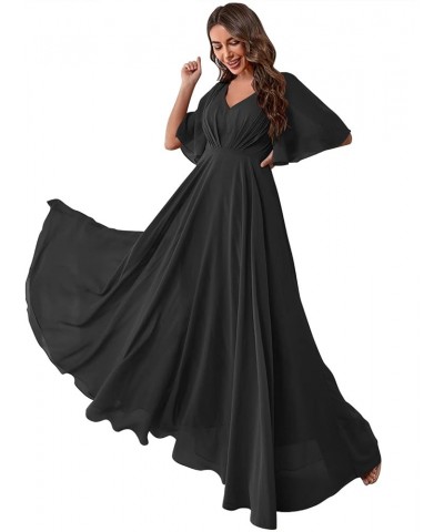 Women's Batwing Sleeve Chiffon Bridesmaid Dresses with Pockets V Neck Long Formal Evening Dress YZTS054 Black $30.55 Dresses