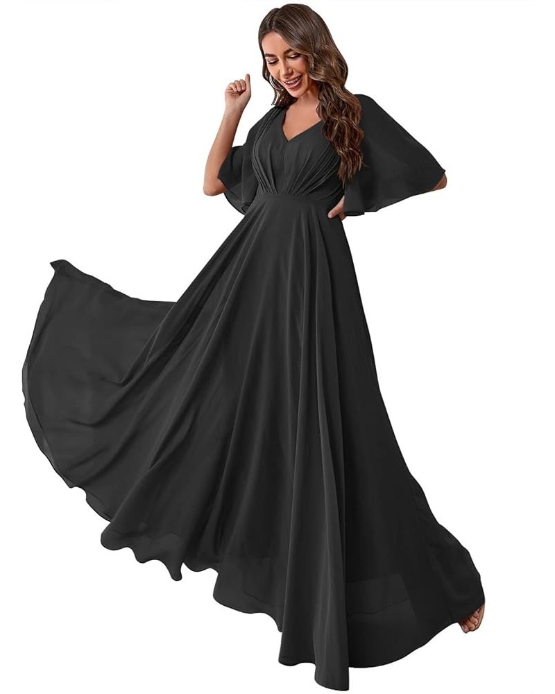 Women's Batwing Sleeve Chiffon Bridesmaid Dresses with Pockets V Neck Long Formal Evening Dress YZTS054 Black $30.55 Dresses