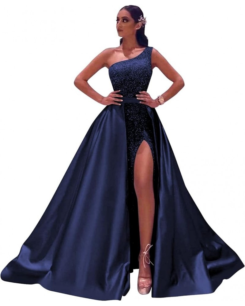 Women's Sparkly One Shoulder Sequin Prom Dresses Long 2024 Sheath Formal Evening Gown with Detachable Train VT008 Navy Blue $...