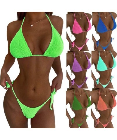 Women Bikini Set Padded Swimwear Bathing Suit Wrinkled Cloth Wavy Strip Sexy Bikini Ladies Fluorescent Straps Split Swimsuit ...