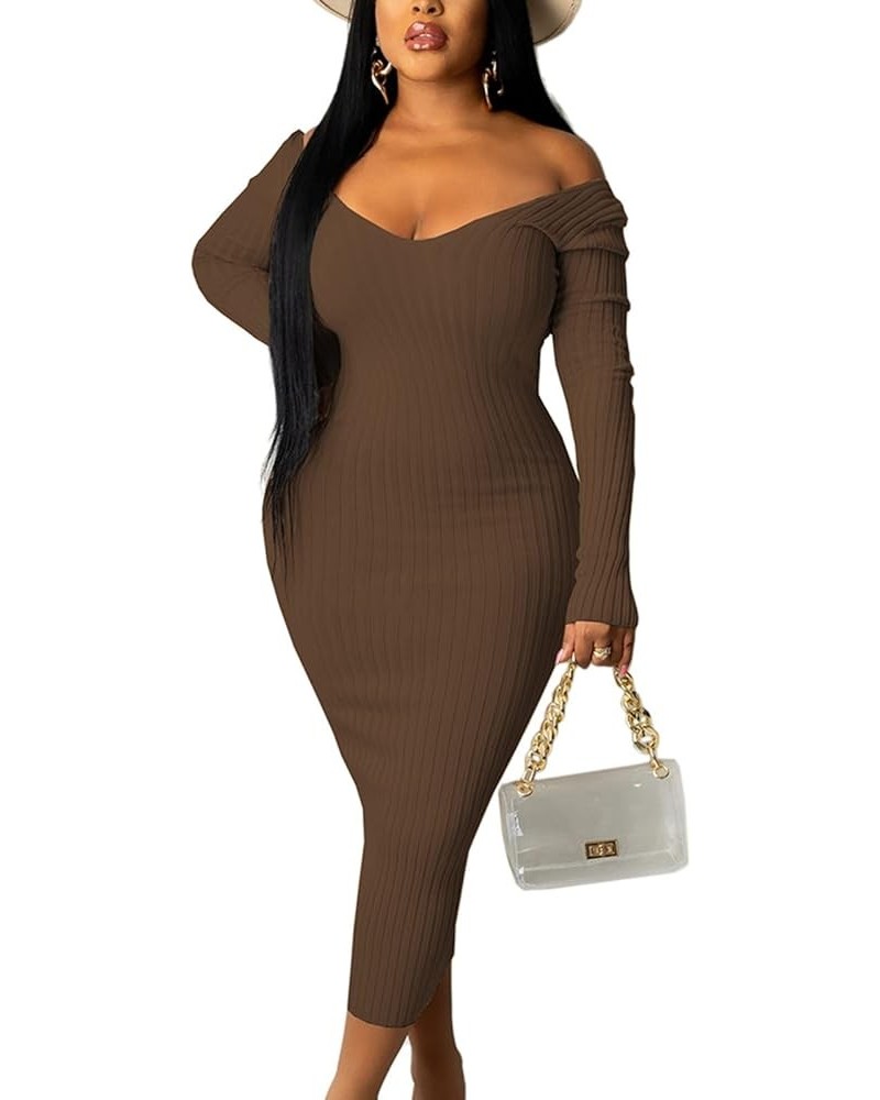 Ribbed Dress for Women - Sexy Off Shoulder Long Sleeves Slim Knit Bodycon Midi Solid Pencil Dresses for Club Cocktail Coffee ...