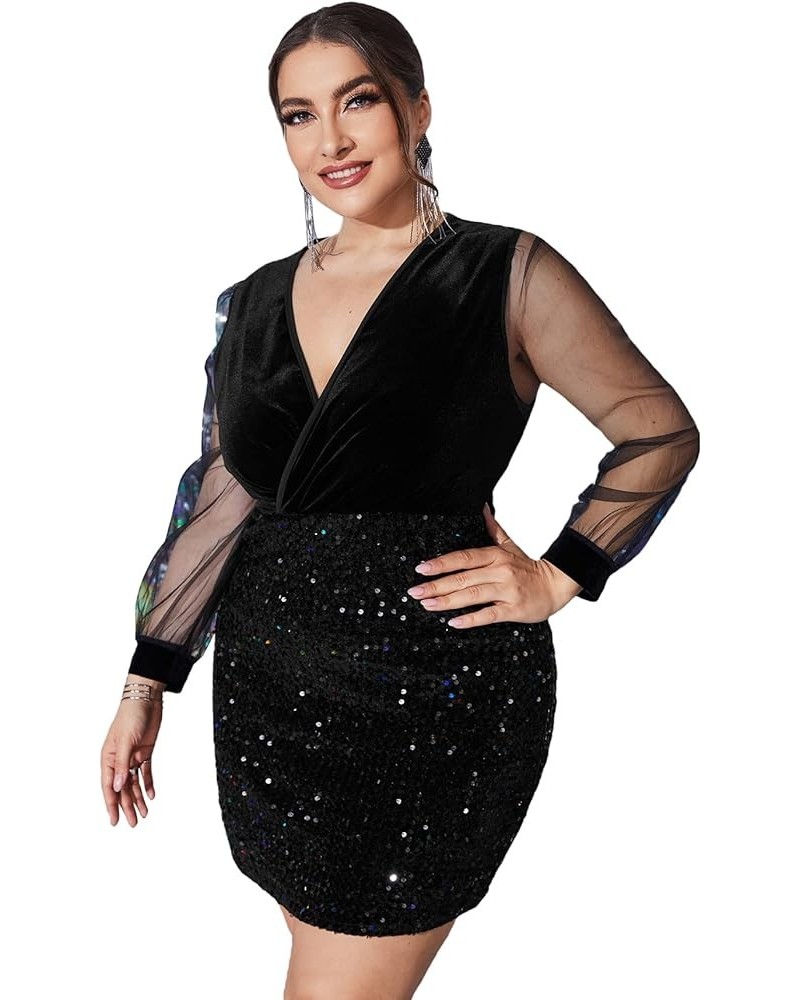 Women's Plus Size Contrast Mesh Long Sleeve Sequin Party Bodycon Dress Black $20.25 Dresses