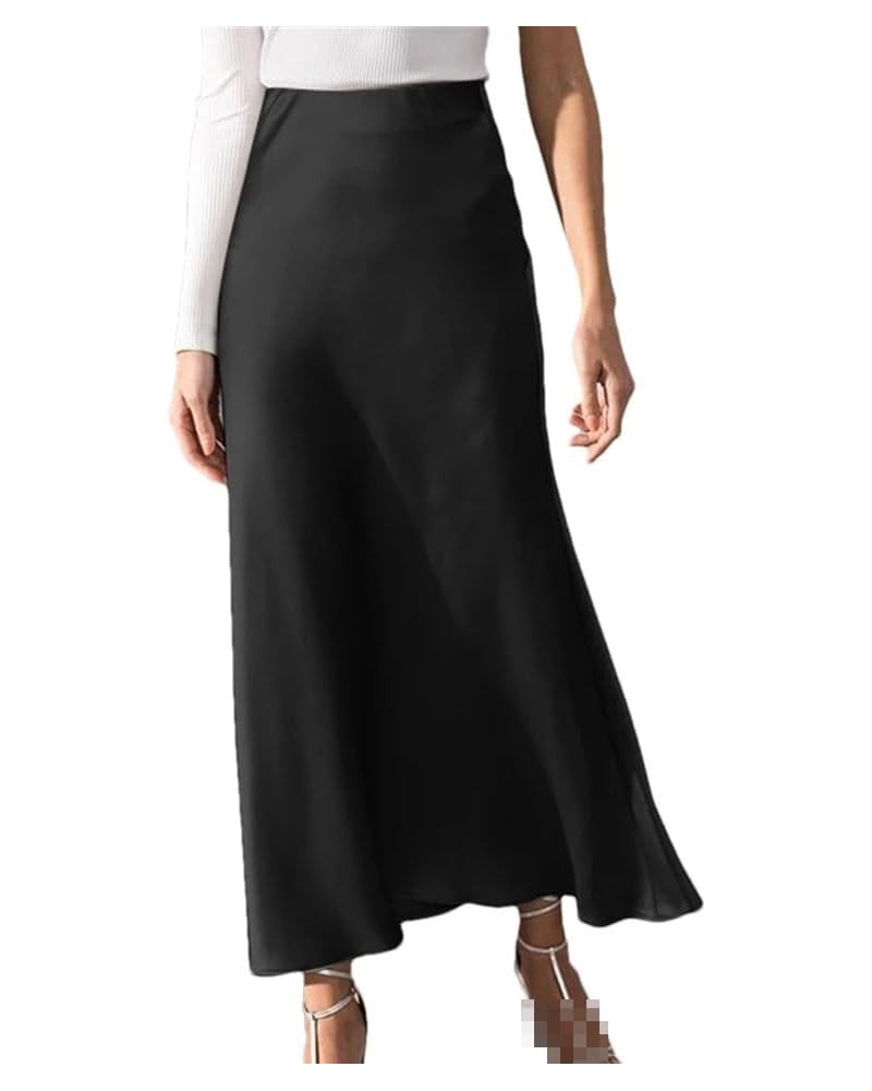 Fashion High Waist Solid Midi Skirt Women Holiday Work Party Satin Skirts Black $16.10 Skirts