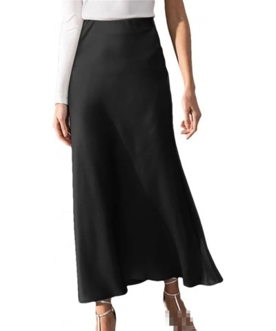 Fashion High Waist Solid Midi Skirt Women Holiday Work Party Satin Skirts Black $16.10 Skirts