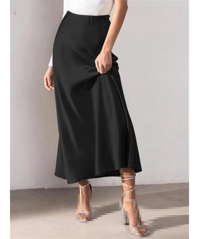 Fashion High Waist Solid Midi Skirt Women Holiday Work Party Satin Skirts Black $16.10 Skirts