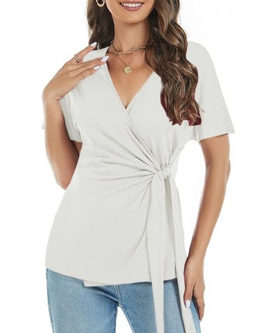 Womens Summer V Neck Short Sleeve Wrap Tops Casual Cute Front Twist Tie Knot Shirts Blouse White $11.89 Blouses