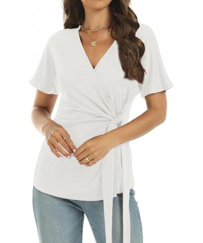 Womens Summer V Neck Short Sleeve Wrap Tops Casual Cute Front Twist Tie Knot Shirts Blouse White $11.89 Blouses