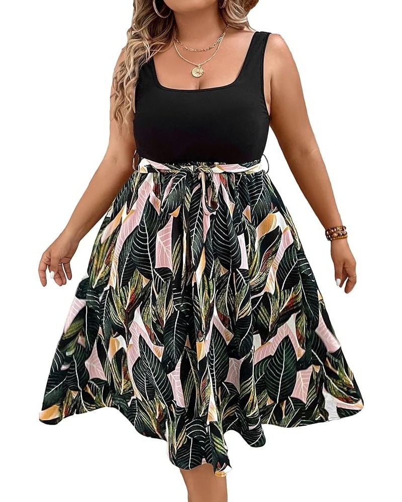 Women's Colorblock Belted A Line Flare Cami Summer Midi Dress Plus Multicolor $15.75 Dresses