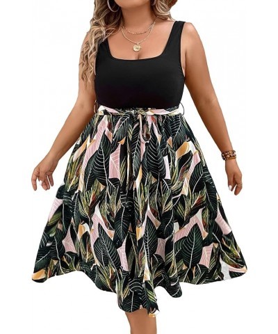 Women's Colorblock Belted A Line Flare Cami Summer Midi Dress Plus Multicolor $15.75 Dresses