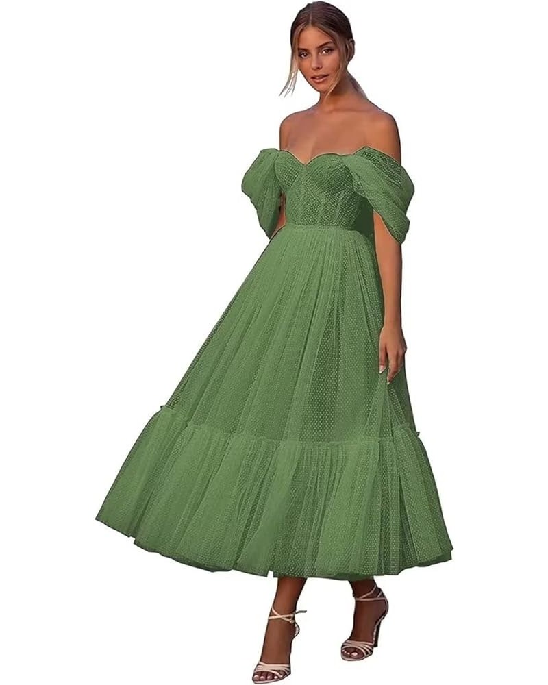 Women's Off Shoulder Prom Dress Puffy Sleeve Tulle Sweetheart Tea Length Ball Gown Formal Evening Party Dress NA12 Sage Green...