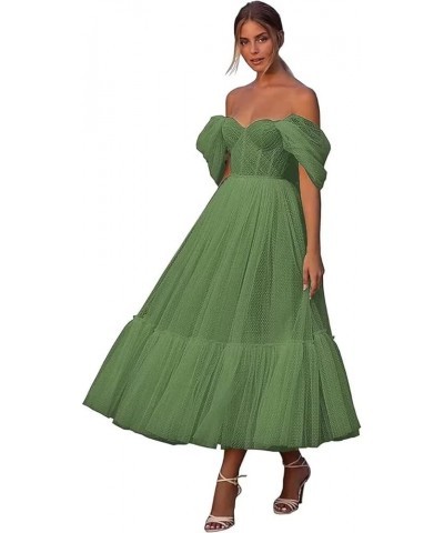 Women's Off Shoulder Prom Dress Puffy Sleeve Tulle Sweetheart Tea Length Ball Gown Formal Evening Party Dress NA12 Sage Green...