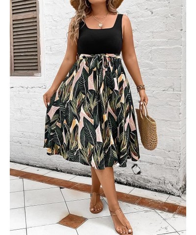 Women's Colorblock Belted A Line Flare Cami Summer Midi Dress Plus Multicolor $15.75 Dresses