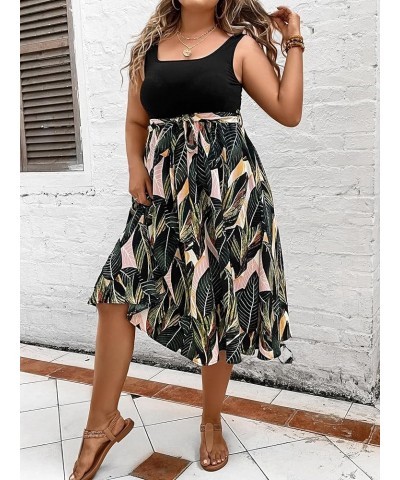 Women's Colorblock Belted A Line Flare Cami Summer Midi Dress Plus Multicolor $15.75 Dresses