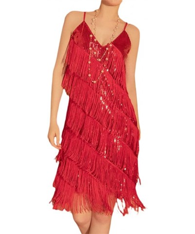 Women's Sexy Sleeveless Tassel Bodycon Mini Dance Dress Sequins Latin Dance Ballroom Dresses Club Outfits 02 Red $10.75 Dresses