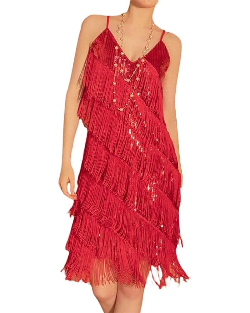 Women's Sexy Sleeveless Tassel Bodycon Mini Dance Dress Sequins Latin Dance Ballroom Dresses Club Outfits 02 Red $10.75 Dresses