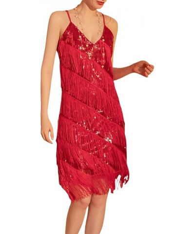 Women's Sexy Sleeveless Tassel Bodycon Mini Dance Dress Sequins Latin Dance Ballroom Dresses Club Outfits 02 Red $10.75 Dresses