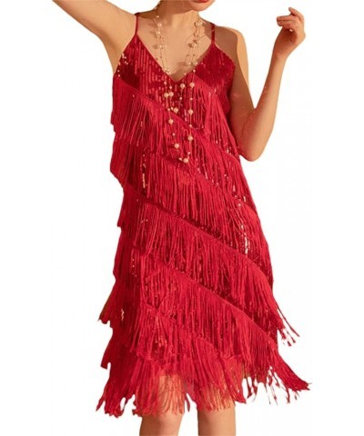 Women's Sexy Sleeveless Tassel Bodycon Mini Dance Dress Sequins Latin Dance Ballroom Dresses Club Outfits 02 Red $10.75 Dresses