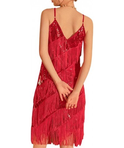 Women's Sexy Sleeveless Tassel Bodycon Mini Dance Dress Sequins Latin Dance Ballroom Dresses Club Outfits 02 Red $10.75 Dresses