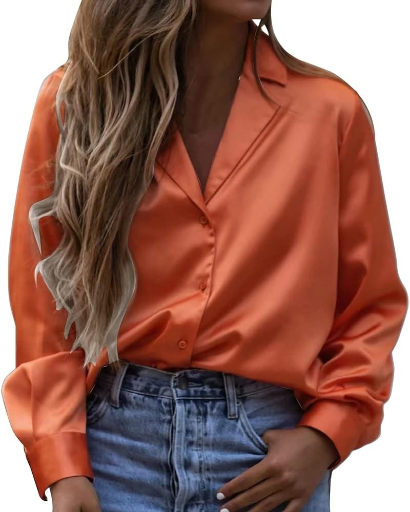 Satin Casual Women's Silky V-Neck Temperament Top Color Shirt Solid Soft Womens Cold Gear Long Sleeve Shirt B-orange $11.34 B...