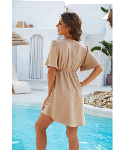 Womens Swimsuit Coverup V Neck Chiffon Bathing Suit Beach Dress Flowy Swim Bikini Cover Up Short Sleeve+khaki $18.87 Swimsuits