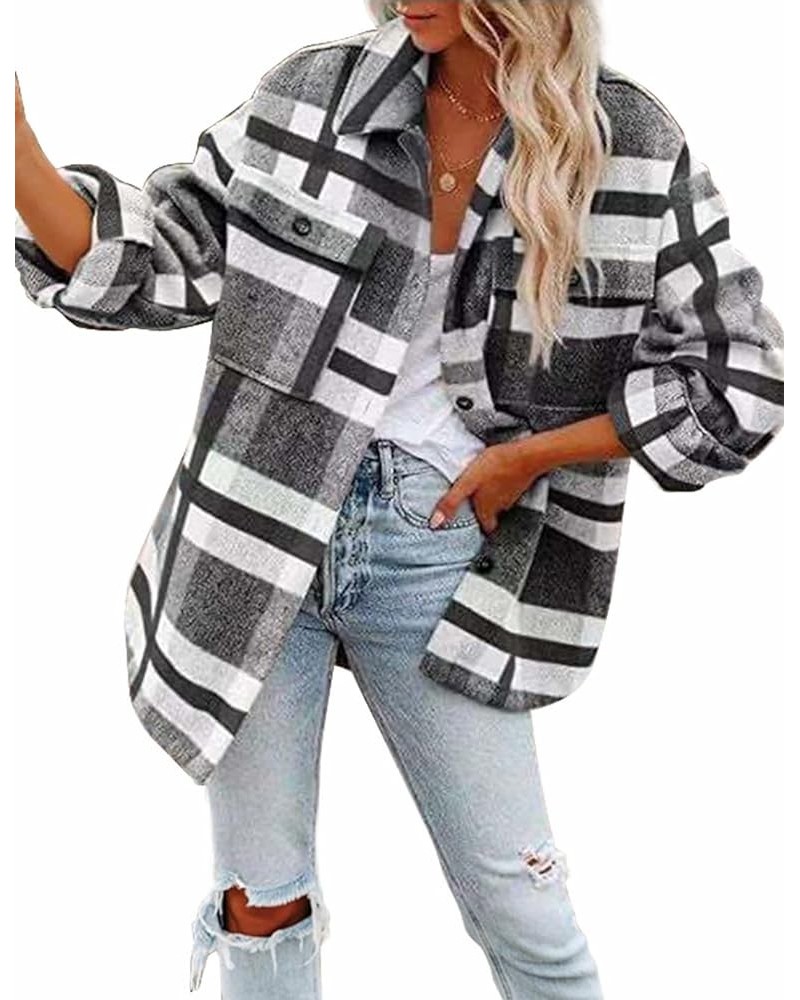 Long Sleeve Casual Plaid Shacket Jackets Shirts Lapel Tweed Pea Coat For Women Grey $14.65 Jackets