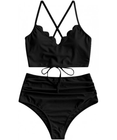 Women's Crisscross Ruched High Waisted Bottom Bikini Set Two Piece Swimsuit Tankini P-black $19.94 Swimsuits