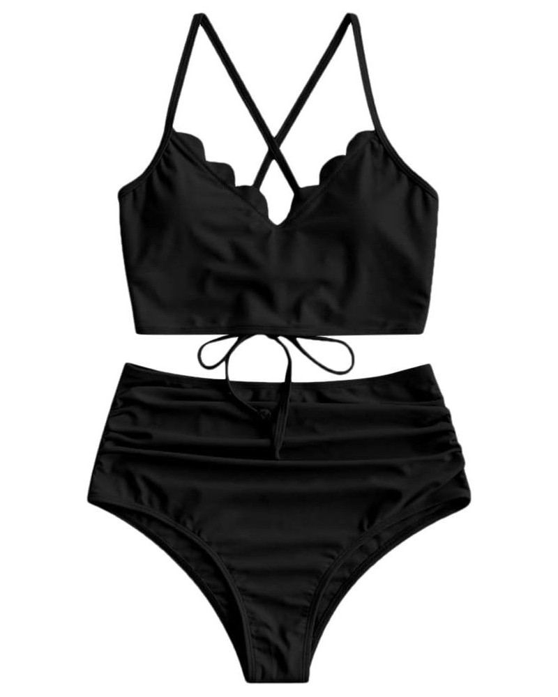 Women's Crisscross Ruched High Waisted Bottom Bikini Set Two Piece Swimsuit Tankini P-black $19.94 Swimsuits