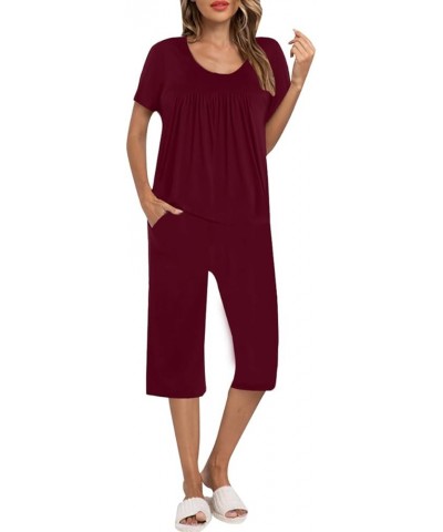 Women's Summer Casual 2 Piece Pajama Sets,Ladies Pjs Sets with Pockets Lounge Sleepwear Wine Red $13.60 Sleep & Lounge