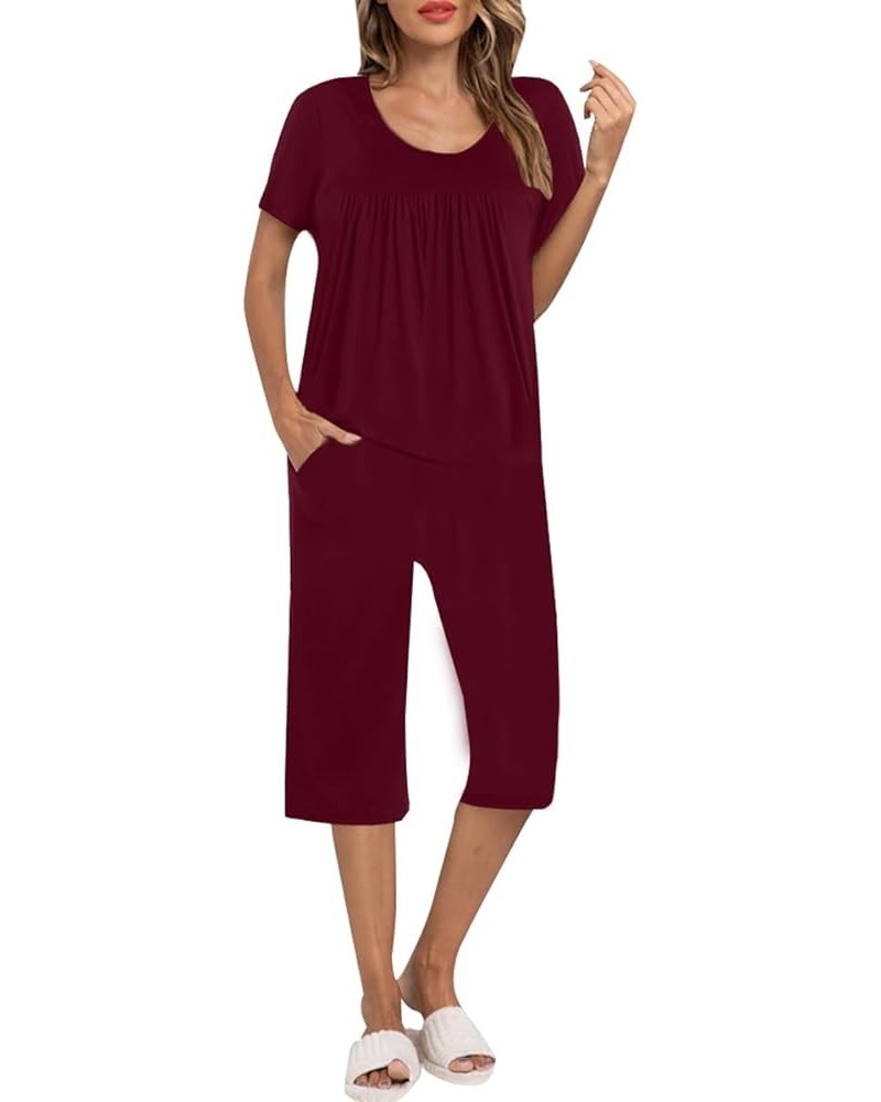 Women's Summer Casual 2 Piece Pajama Sets,Ladies Pjs Sets with Pockets Lounge Sleepwear Wine Red $13.60 Sleep & Lounge